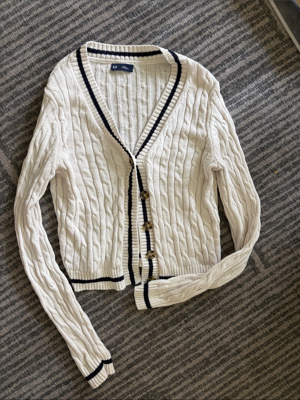 GAP Cream Cable-Knit Cardigan with Navy Trim